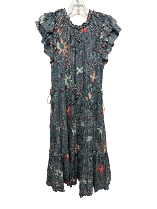 Ulla Johnson Size 4 Teal, Black, Multi Cotton Abstract Floral V Neck Dress Teal, Black, Multi / 4