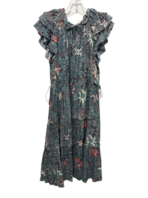 Ulla Johnson Size 4 Teal, Black, Multi Cotton Abstract Floral V Neck Dress Teal, Black, Multi / 4