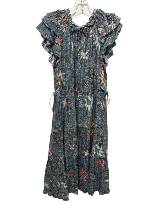 Ulla Johnson Size 4 Teal, Black, Multi Cotton Abstract Floral V Neck Dress Teal, Black, Multi / 4