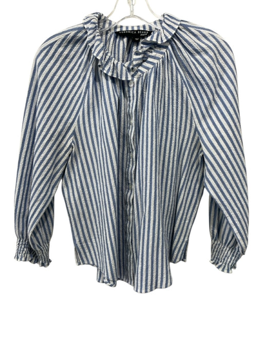 Veronica Beard Jeans Size L Blue & White Cotton Striped Button Up Textured Top Blue & White / L