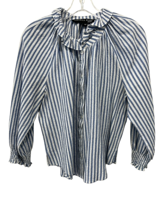 Veronica Beard Jeans Size L Blue & White Cotton Striped Button Up Textured Top Blue & White / L
