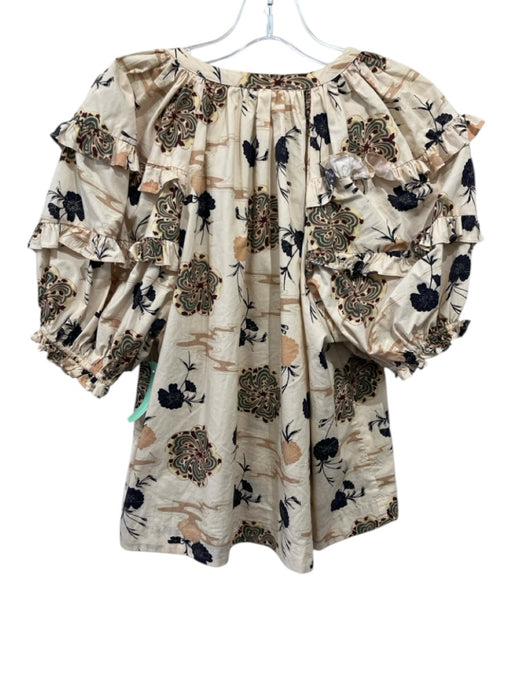 Ulla Johnson Size 8 Beige, Black, Multi Cotton Abstract Floral V Neck Top Beige, Black, Multi / 8