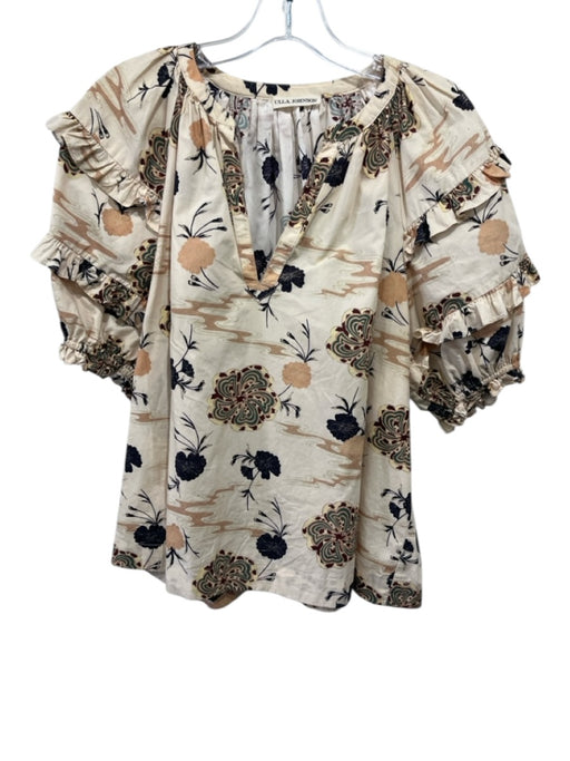 Ulla Johnson Size 8 Beige, Black, Multi Cotton Abstract Floral V Neck Top Beige, Black, Multi / 8