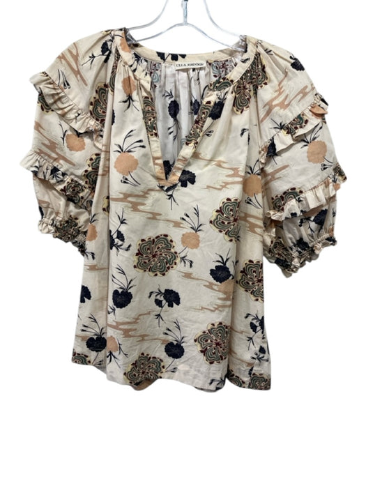 Ulla Johnson Size 8 Beige, Black, Multi Cotton Abstract Floral V Neck Top Beige, Black, Multi / 8