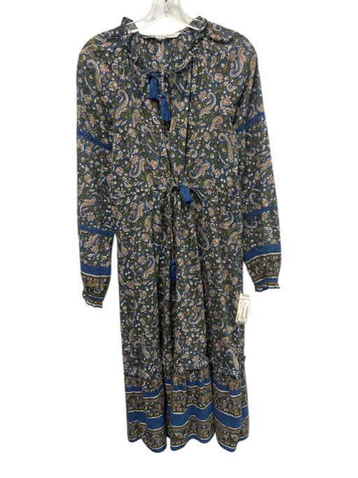 Veronica Beard Size M Blue, Green, Beige Cotton Long puff sleeve Midi Dress Blue, Green, Beige / M
