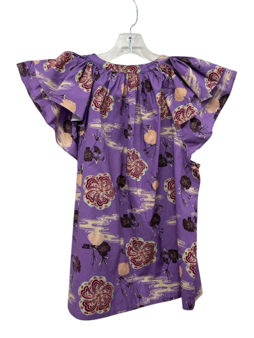 Ulla Johnson Size 4 Purple, Yellow, Green Cotton V Neck Floral Top Purple, Yellow, Green / 4