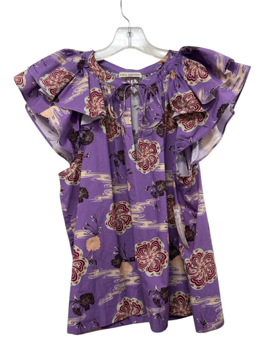 Ulla Johnson Size 4 Purple, Yellow, Green Cotton V Neck Floral Top Purple, Yellow, Green / 4