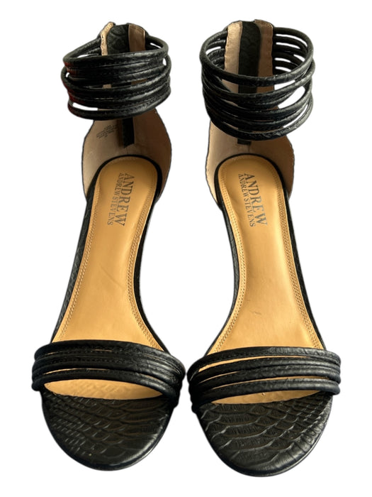 Andrew Stevens Shoe Size 9 Black Leather Snake Embossed Stacked Heel Sandals Black / 9