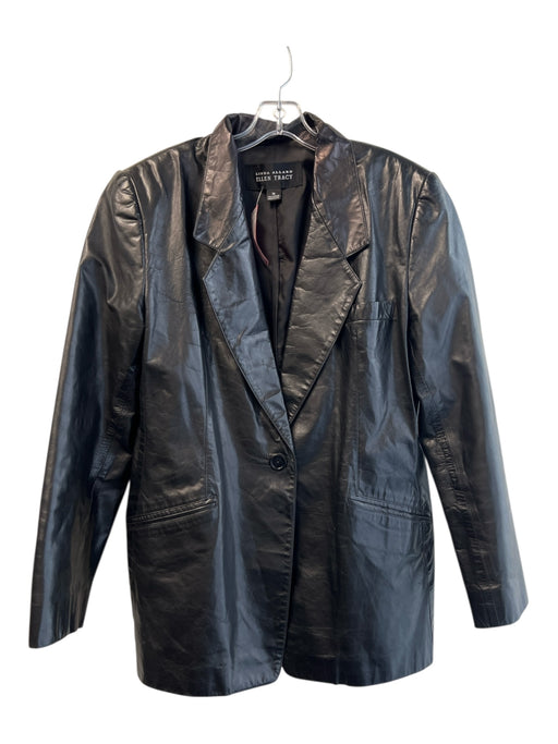 Ellen Tracy Size 14 Black Leather Shoulder Pad Button Front Lapel Jacket Black / 14