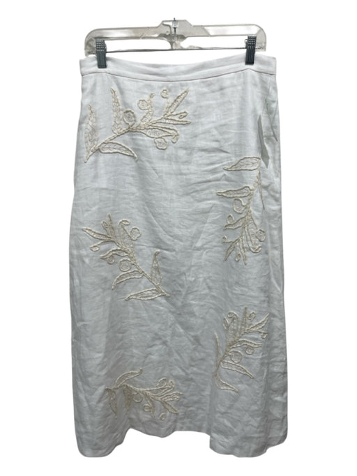 Lafayette 148 Size 12 white & tan Linen Side Zip Floral Embellishments Skirt white & tan / 12