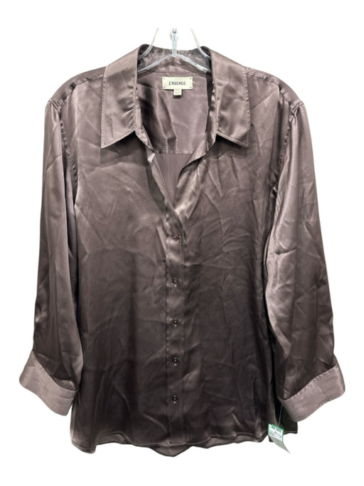 L'agence Size XL Brown Silk Satin Long Sleeve Button Up & Collar Top Brown / XL