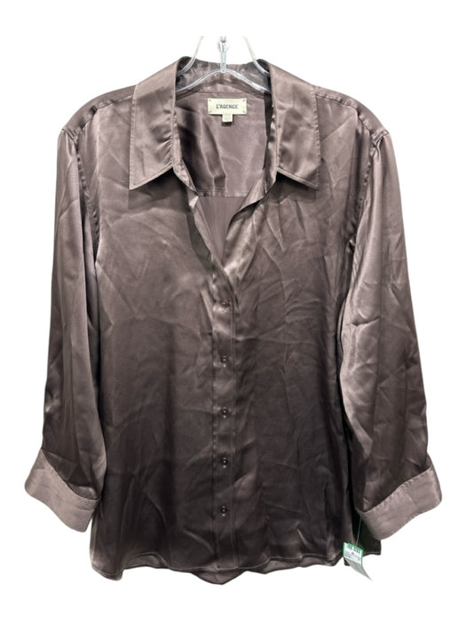 L'agence Size XL Brown Silk Satin Long Sleeve Button Up & Collar Top Brown / XL