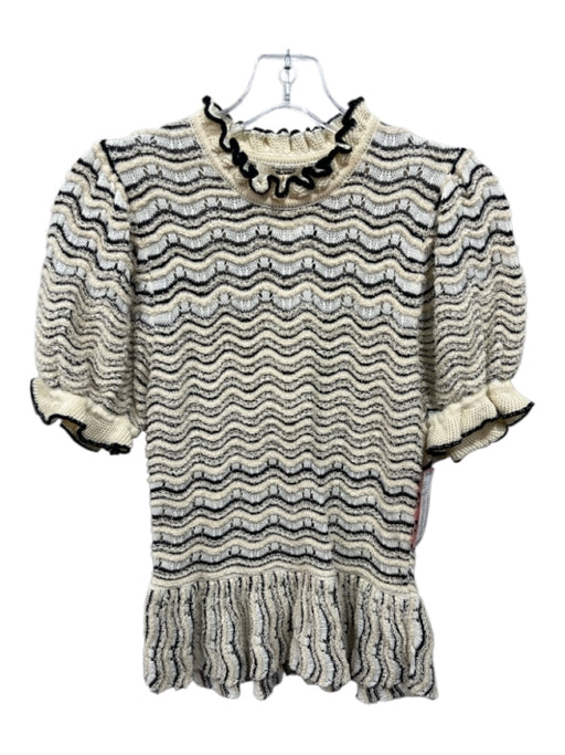 Ulla Johnson Size S Cream & Black Cotton Knit Ruffle Detail Peplum Top Cream & Black / S