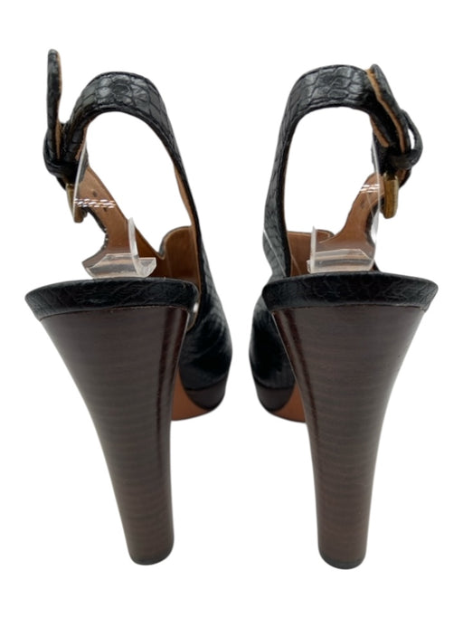 Coach Shoe Size 5.5 Blach Cream & Blue Embossed Leather Wood Heel Peep Toe Pumps Blach Cream & Blue / 5.5