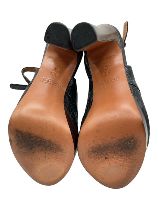 Coach Shoe Size 5.5 Blach Cream & Blue Embossed Leather Wood Heel Peep Toe Pumps Blach Cream & Blue / 5.5