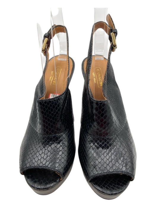 Coach Shoe Size 5.5 Blach Cream & Blue Embossed Leather Wood Heel Peep Toe Pumps Blach Cream & Blue / 5.5