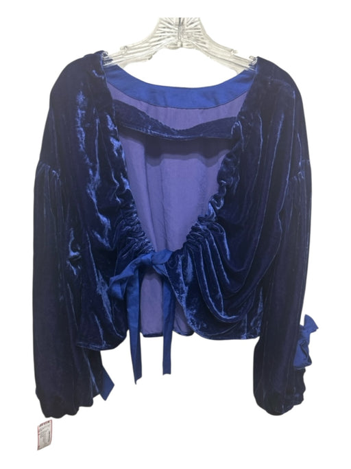 Free People Size M Navy Blue Velvet Tie Back Long Balloon Sleeve Top Navy Blue / M