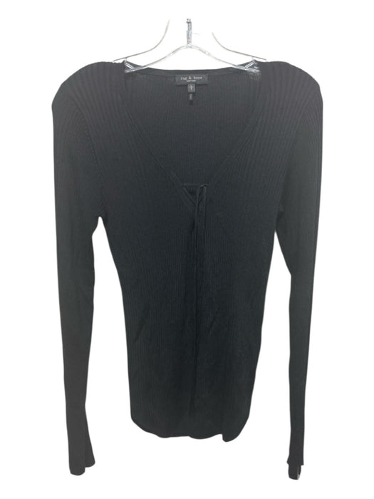 Rag & Bone Size L Black Rayon & Nylon Tie Front V Neck Long Sleeve Top Black / L