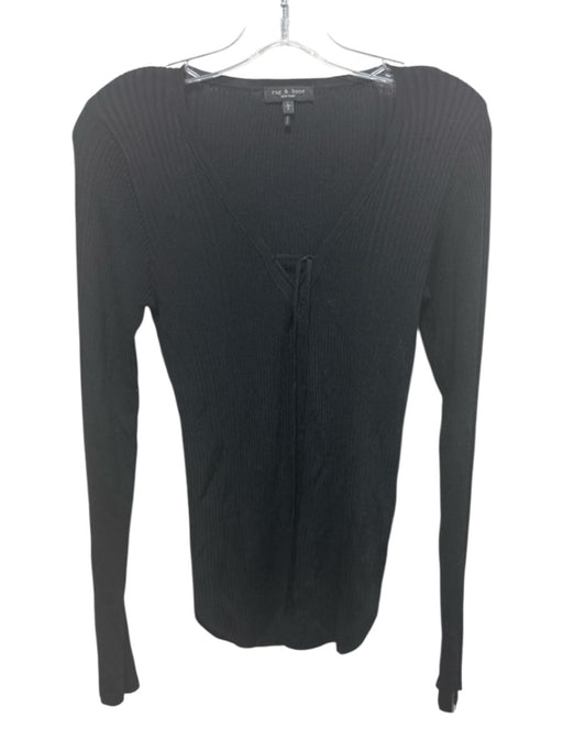 Rag & Bone Size L Black Rayon & Nylon Tie Front V Neck Long Sleeve Top Black / L