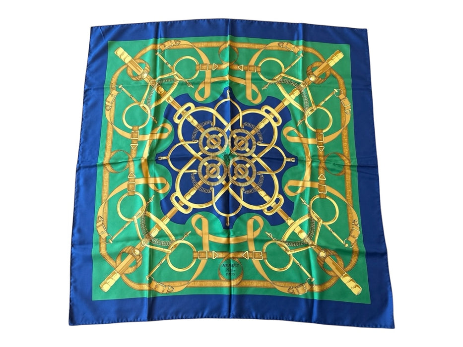 Hermes Navy & Green Silk Chains Buckles scarf Navy & Green / L