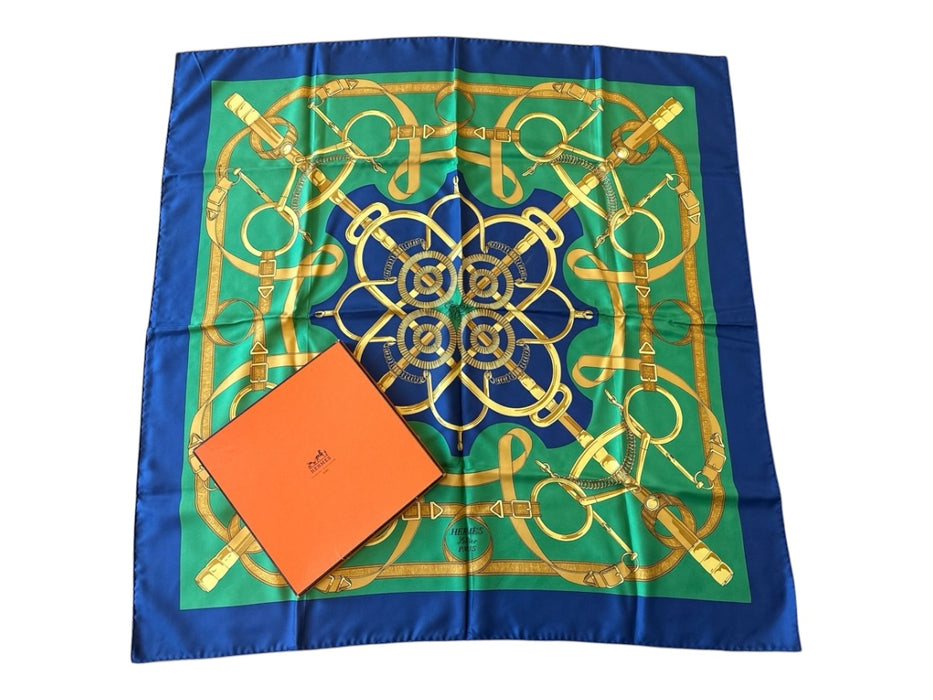 Hermes Navy & Green Silk Chains Buckles scarf Navy & Green / L