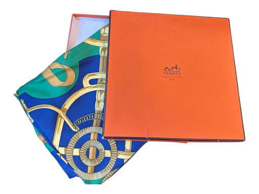 Hermes Navy & Green Silk Chains Buckles scarf Navy & Green / L