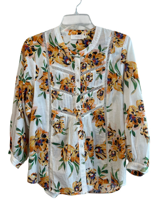 Maye Size Small White, Orange & Green Cotton Long Sleeve Round Neck Floral Top White, Orange & Green / Small
