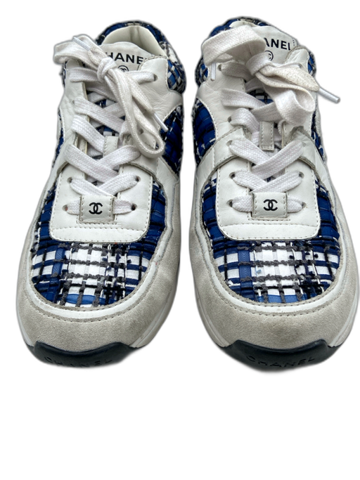 Chanel Shoe Size 41 Blue, Gray, White Suede & Fabric Plaid Rubber Sole Sneakers Blue, Gray, White / 41