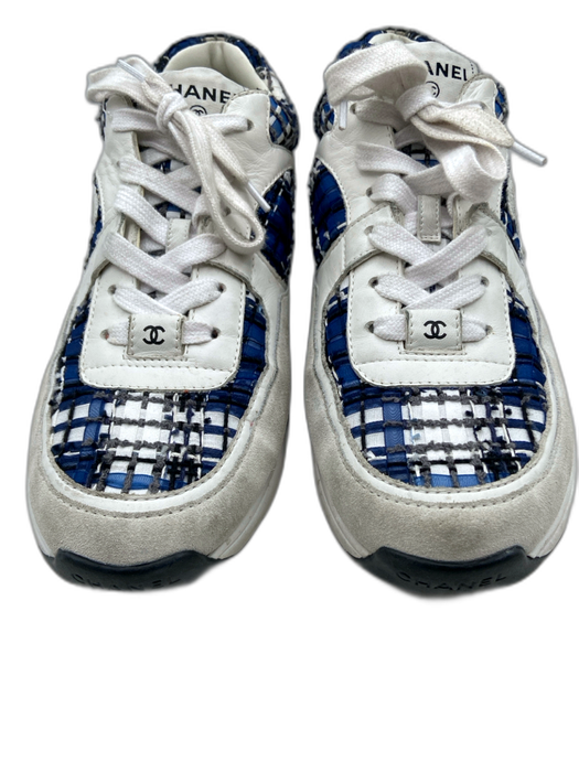 Chanel Shoe Size 41 Blue, Gray, White Suede & Fabric Plaid Rubber Sole Sneakers Blue, Gray, White / 41