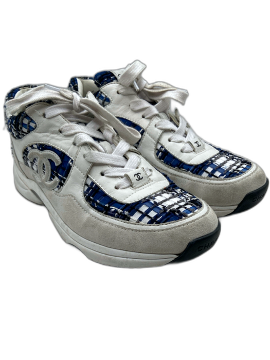 Chanel Shoe Size 41 Blue, Gray, White Suede & Fabric Plaid Rubber Sole Sneakers Blue, Gray, White / 41