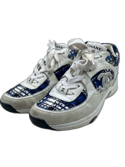 Chanel Shoe Size 41 Blue, Gray, White Suede & Fabric Plaid Rubber Sole Sneakers Blue, Gray, White / 41