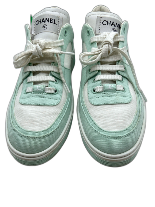 Chanel Shoe Size 41 Seafoam & White Canvas Rubber Sole Laces Logo Sneakers Seafoam & White / 41