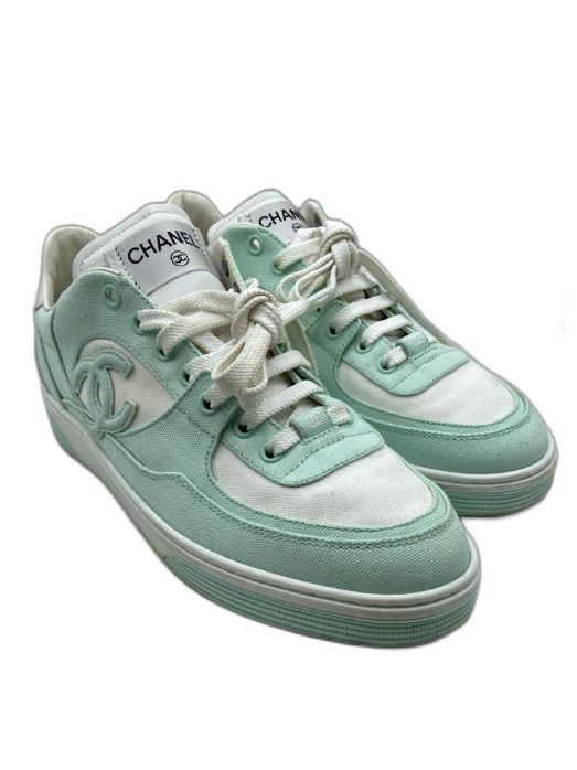 Chanel Shoe Size 41 Seafoam & White Canvas Rubber Sole Laces Logo Sneakers Seafoam & White / 41