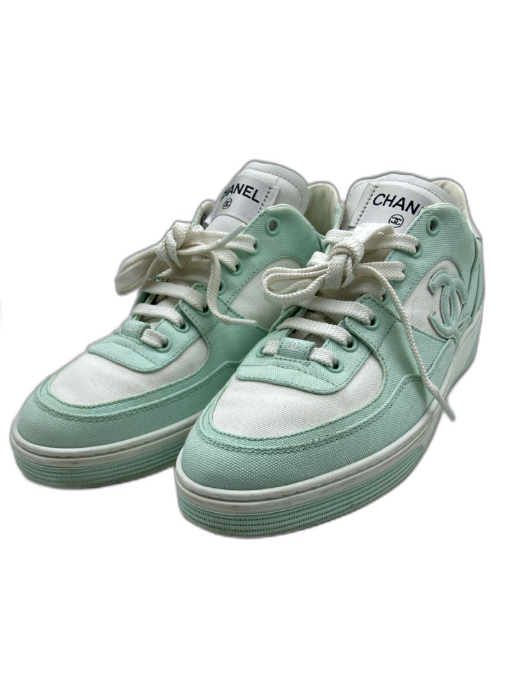 Chanel Shoe Size 41 Seafoam & White Canvas Rubber Sole Laces Logo Sneakers Seafoam & White / 41