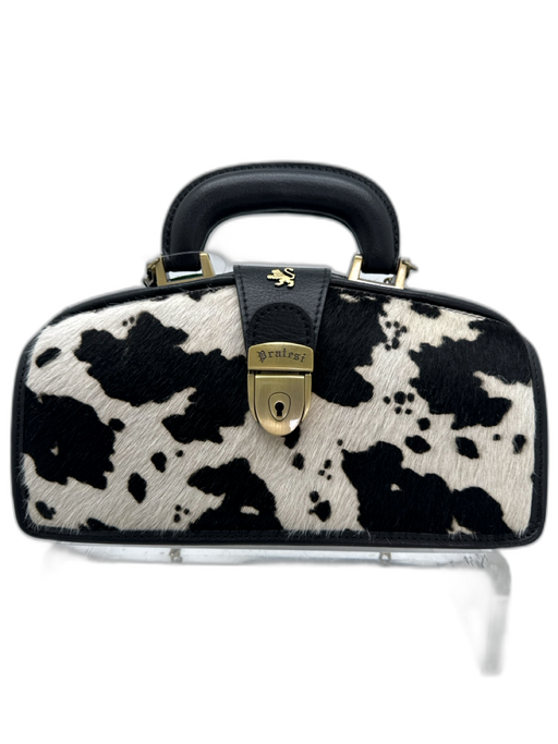 Pratesi Black, White, Brass Cowhide Ponyhair Cow Print Top Handle Structured Bag Black, White, Brass / Small