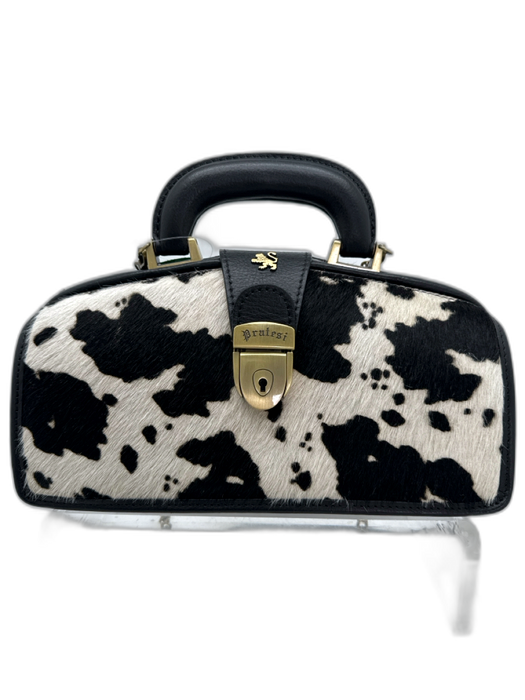 Pratesi Black, White, Brass Cowhide Ponyhair Cow Print Top Handle Structured Bag Black, White, Brass / Small