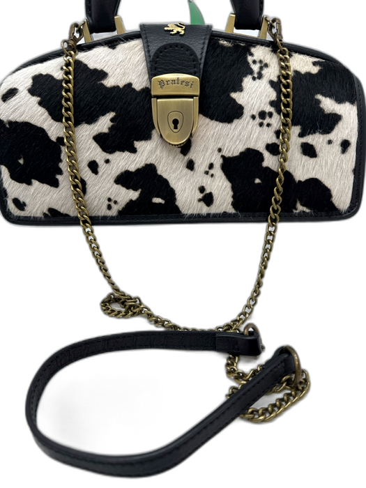 Pratesi Black, White, Brass Cowhide Ponyhair Cow Print Top Handle Structured Bag Black, White, Brass / Small