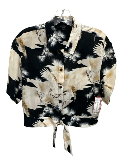 All Saints Size Medium Black, Cream, Brown Short Sleeve Birds Button Front Top Black, Cream, Brown / Medium