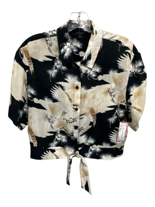 All Saints Size Medium Black, Cream, Brown Short Sleeve Birds Button Front Top Black, Cream, Brown / Medium