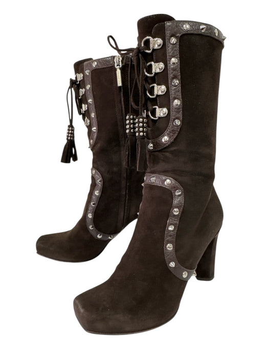 Dolce & Gabbana Shoe Size 36.5 Dark Brown Leather Suede Lace Up Studded Boots Dark Brown / 36.5