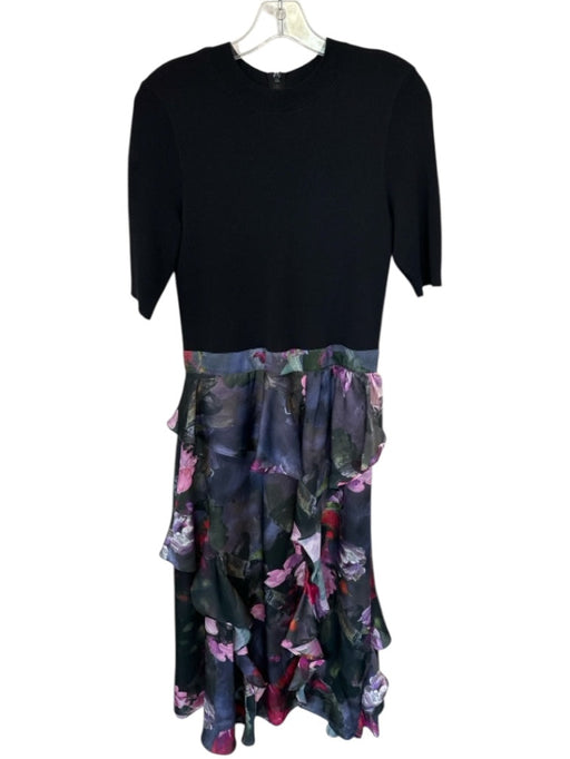 Ted Baker Size 3/L Black & Purple Viscose Blend Short Sleeve Botanical Dress Black & Purple / 3/L