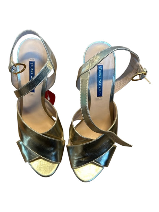 Stuart Weitzman Shoe Size 9 Gold Leather Platform Block Heel Ankle Strap Sandals Gold / 9