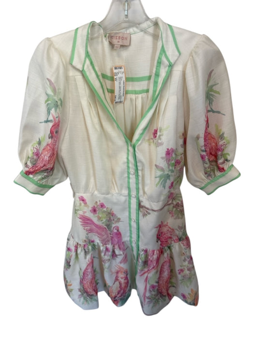 Ciebon Size XS Pink & Green Polyester Short Balloon Sleeve Birds Dress Pink & Green / XS