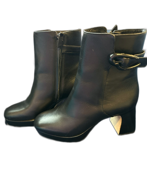 Larroude Shoe Size 6 Black Leather Chunk Heel Buckle Detail Side Zip Boots Black / 6