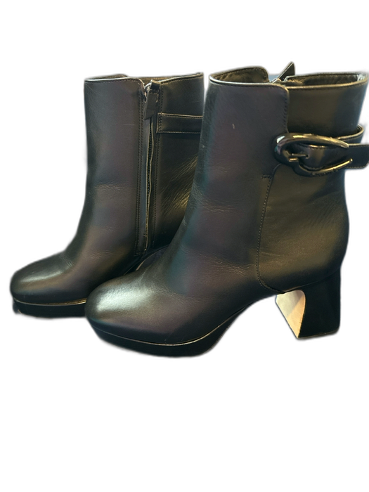 Larroude Shoe Size 6 Black Leather Chunk Heel Buckle Detail Side Zip Boots Black / 6