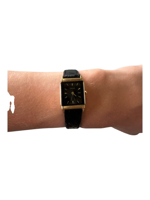 Pulsar Gold & Black Metal Leather Band Rectangle Watchband Gold & Black