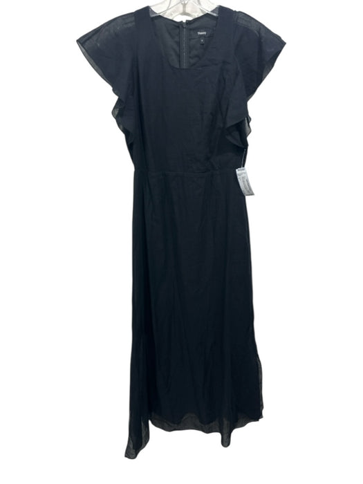 Theory Size 0 Black Cotton Overlay Flounce Sleeve Round Neck Midi Dress Black / 0