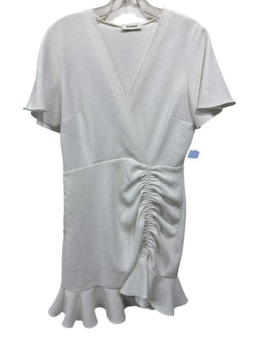 Sandro Size S / 36 White Polyester Side Ruching Surplice flounce sleeve Dress White / S / 36