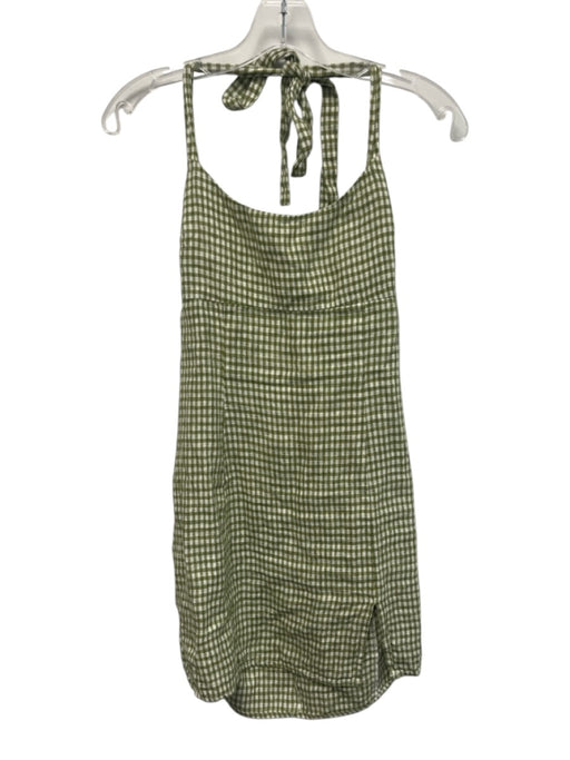 Reformation Size 2 Green & Cream Linen Gingham Halter Mini Dress Green & Cream / 2