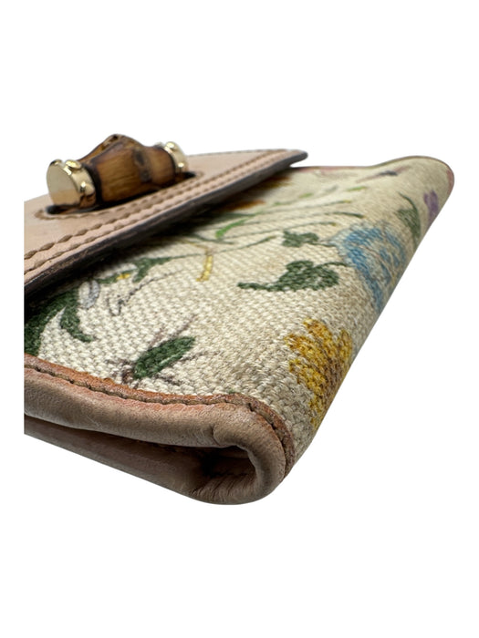 Gucci Cream, Pink, Green Leather & Canvas Bamboo Accent Flora & Fauna Wallets Cream, Pink, Green